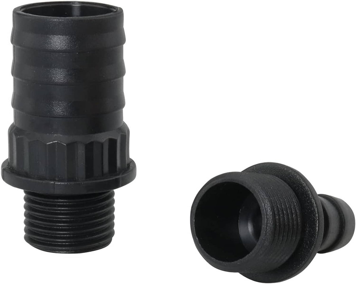 Black plastic nozzle adapter with ridged grip and threaded base, plus small connector
