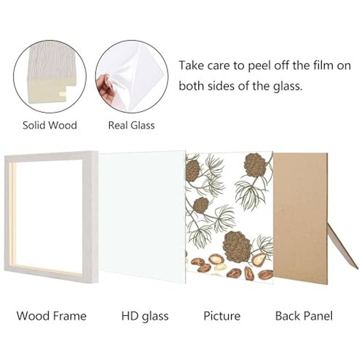 Rustic white wood picture frame with real glass, back panel, and protective film