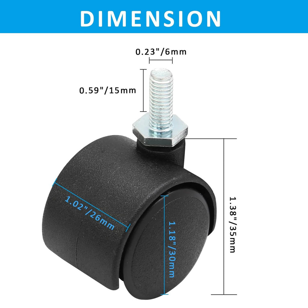 Black caster wheel with M6 threaded stem, side view with size markings