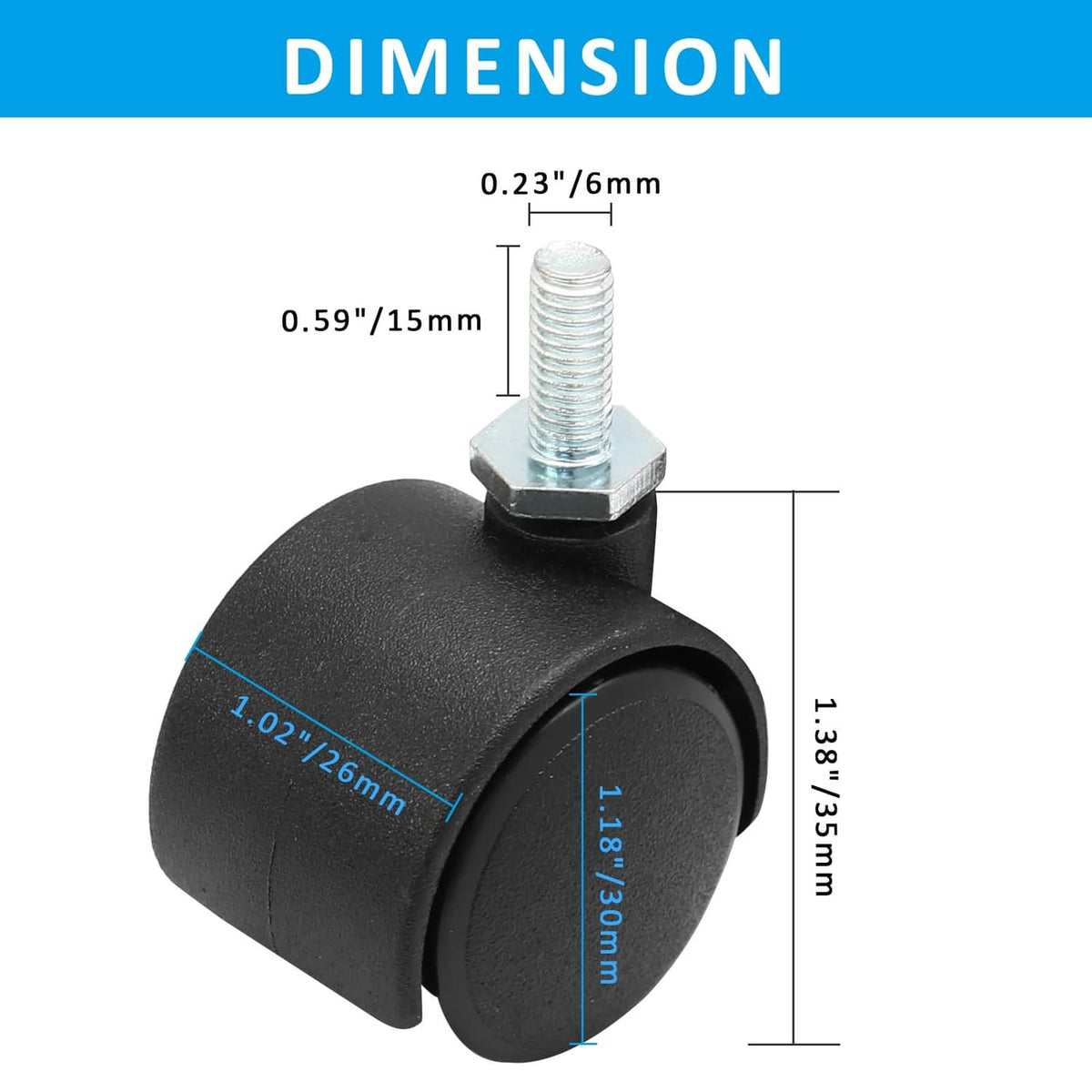 Black caster wheel with M6 threaded stem, side view with size markings