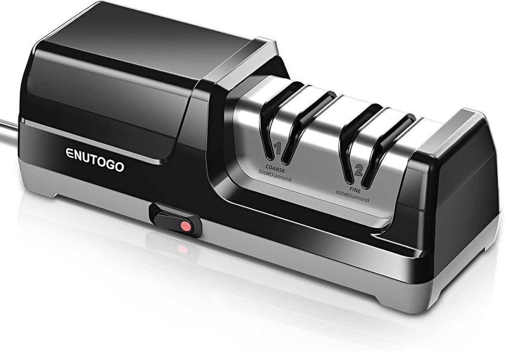 Two-stage electric knife sharpener with diamond slots, ENUTOGO logo, red power light