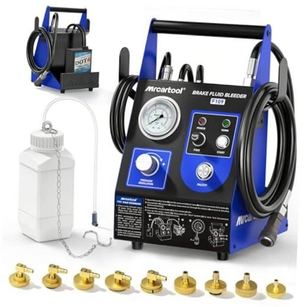 Automatic brake fluid bleeder kit with blue/black unit, pressure gauge, hoses, fluid bottle