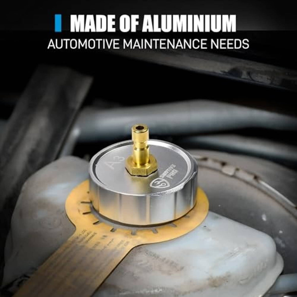 Aluminum brake-fluid adapter cap with brass valve on vehicle master cylinder reservoir