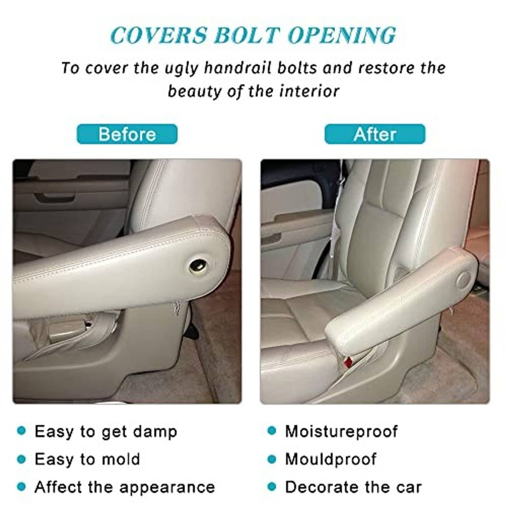 Beige armrest cover cap covering armrest side bolt holes, installed on seat