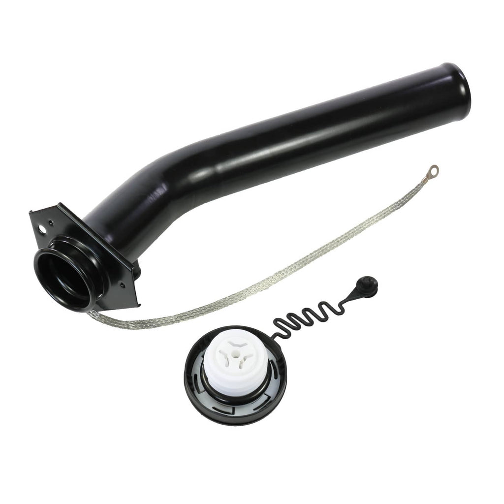 Fuel tank filler neck tube with black cap, spring retainer, and mounting bracket