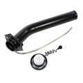 Fuel tank filler neck tube with black cap, spring retainer, and mounting bracket