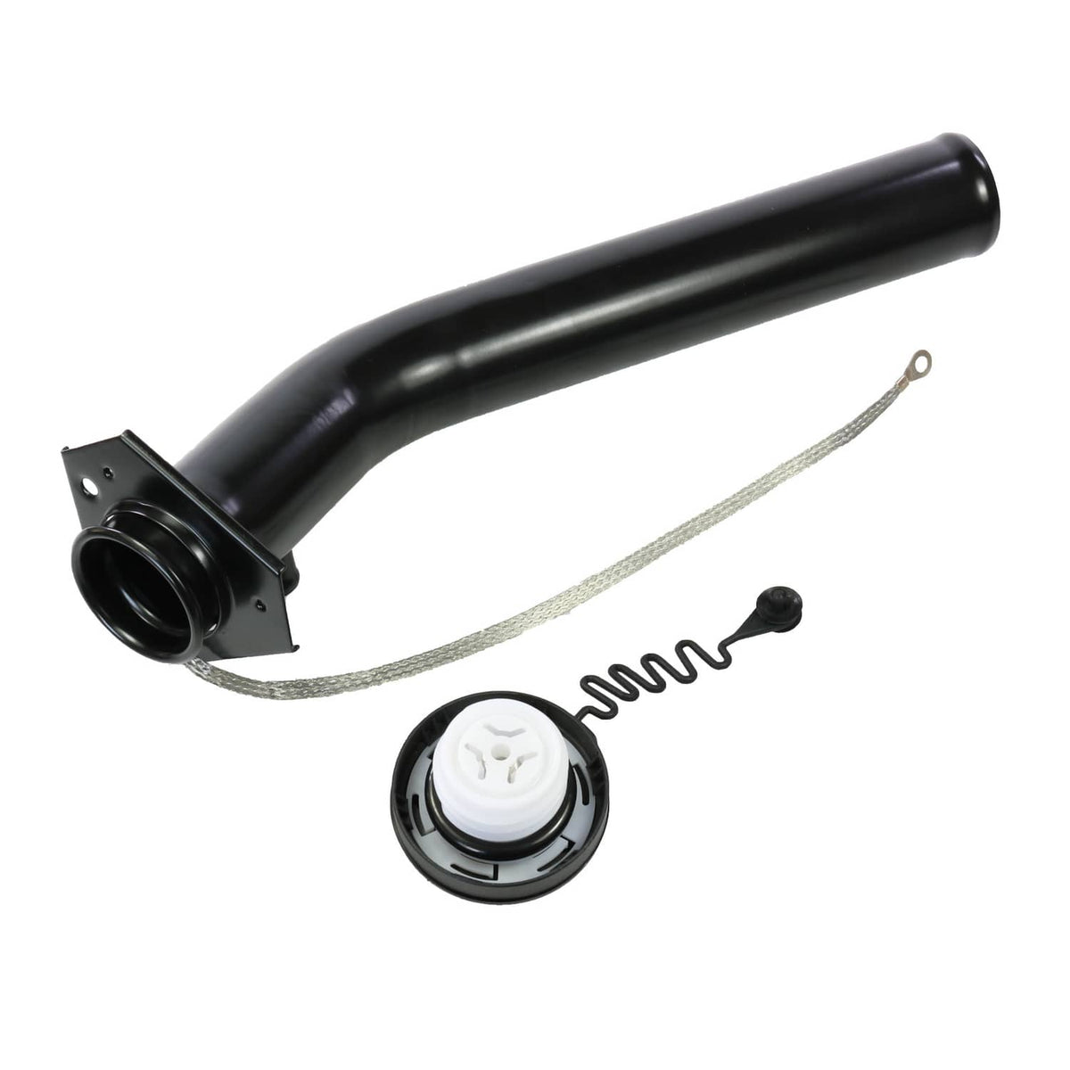 Fuel tank filler neck tube with black cap, spring retainer, and mounting bracket