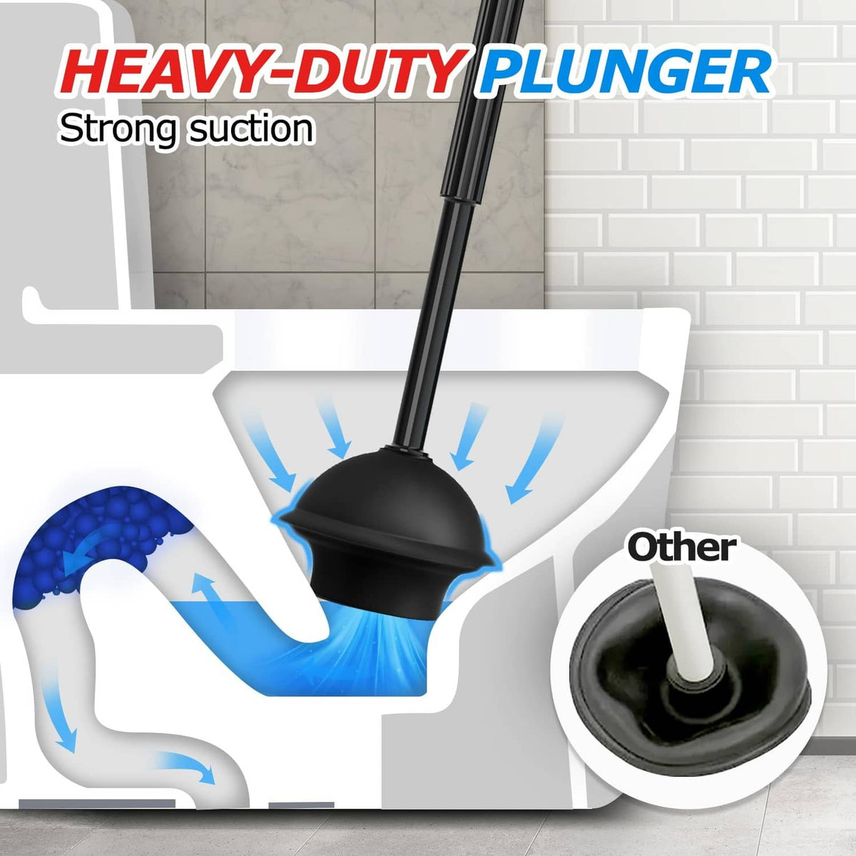 Black heavy-duty rubber plunger head with suction cup base