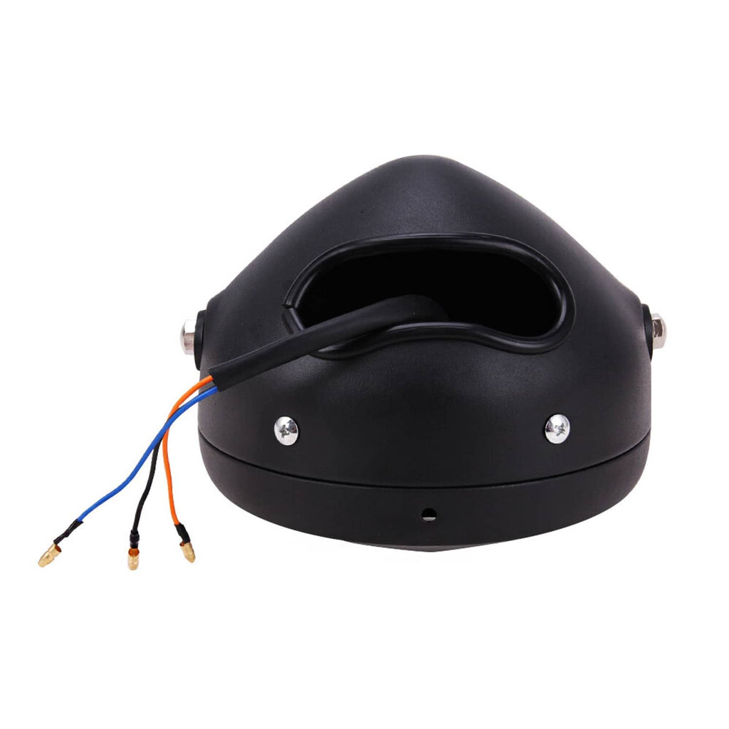 Black 6.5-inch motorcycle headlight housing with wire leads and mounting hardware
