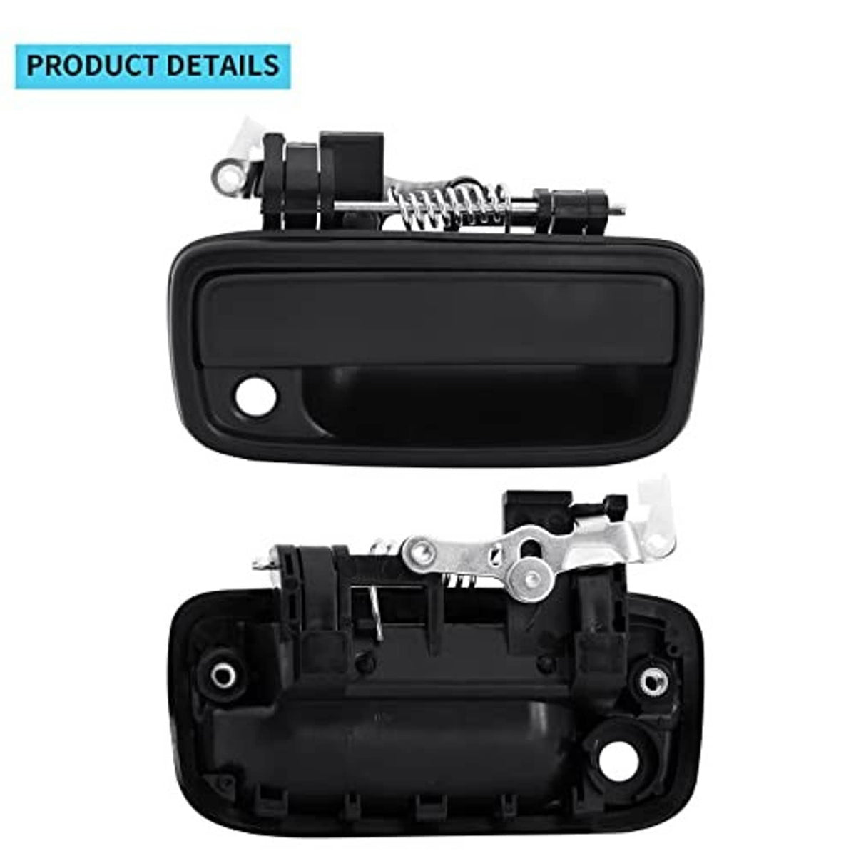 Black front right door handle with underside view and installed spring hardware