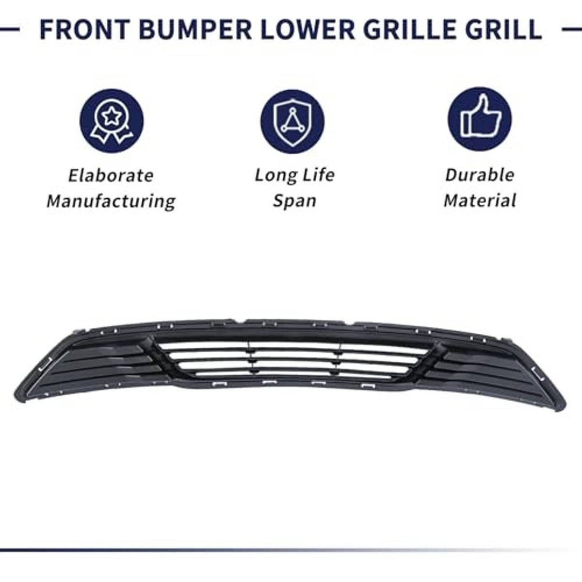 Black front bumper lower grille with curved shape and striped horizontal openings