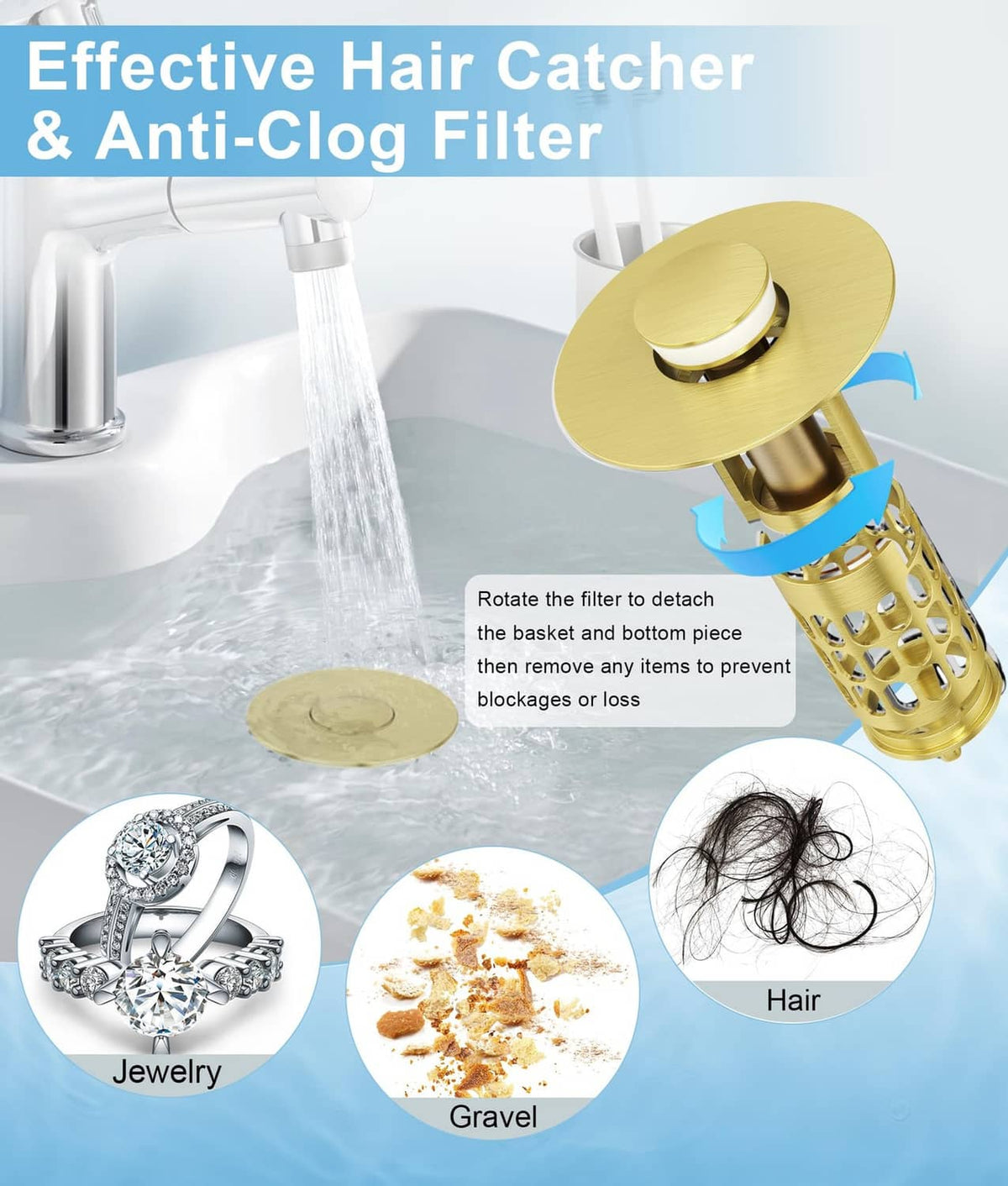 Matte gold sink stopper with rotating filter basket designed to catch hair and debris