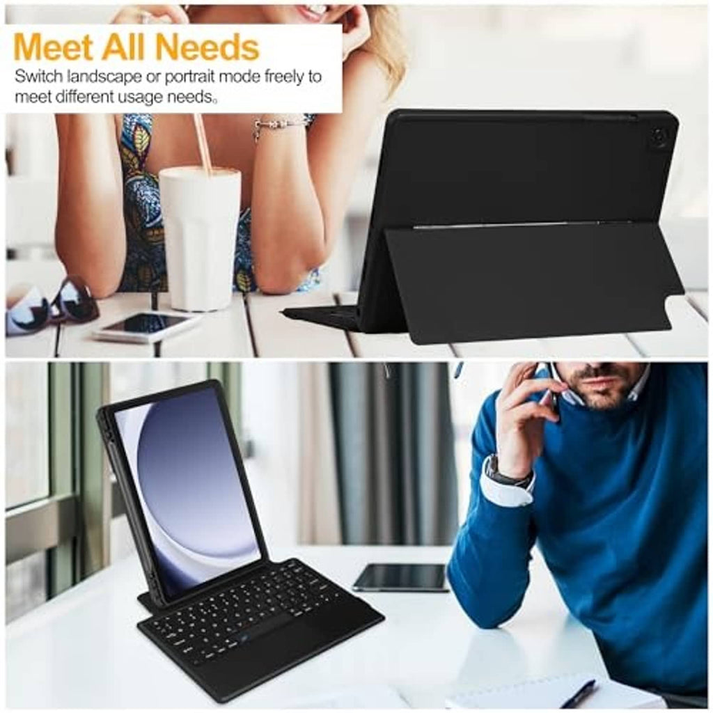 Black folding tablet keyboard case used on a desk for typing