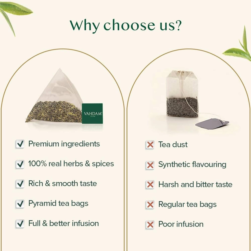 VAHDAM premium green tea bags comparison infographic with tea sachets