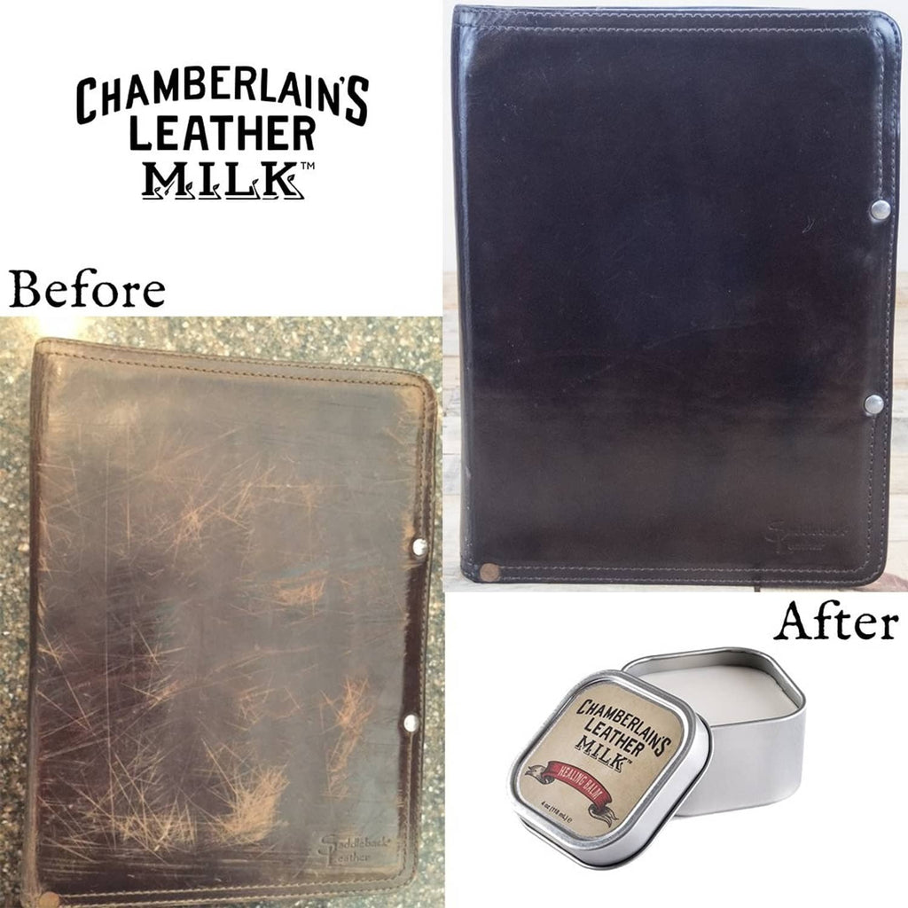 Navy leather wallet with corner hardware and Chamberlain's Leather Milk tin