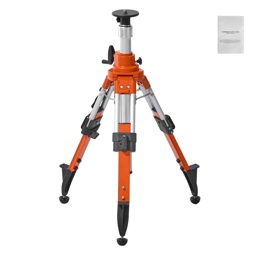 Orange and silver laser level tripod stand with three folding legs and leveling feet