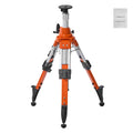 Orange and silver laser level tripod stand with three folding legs and leveling feet