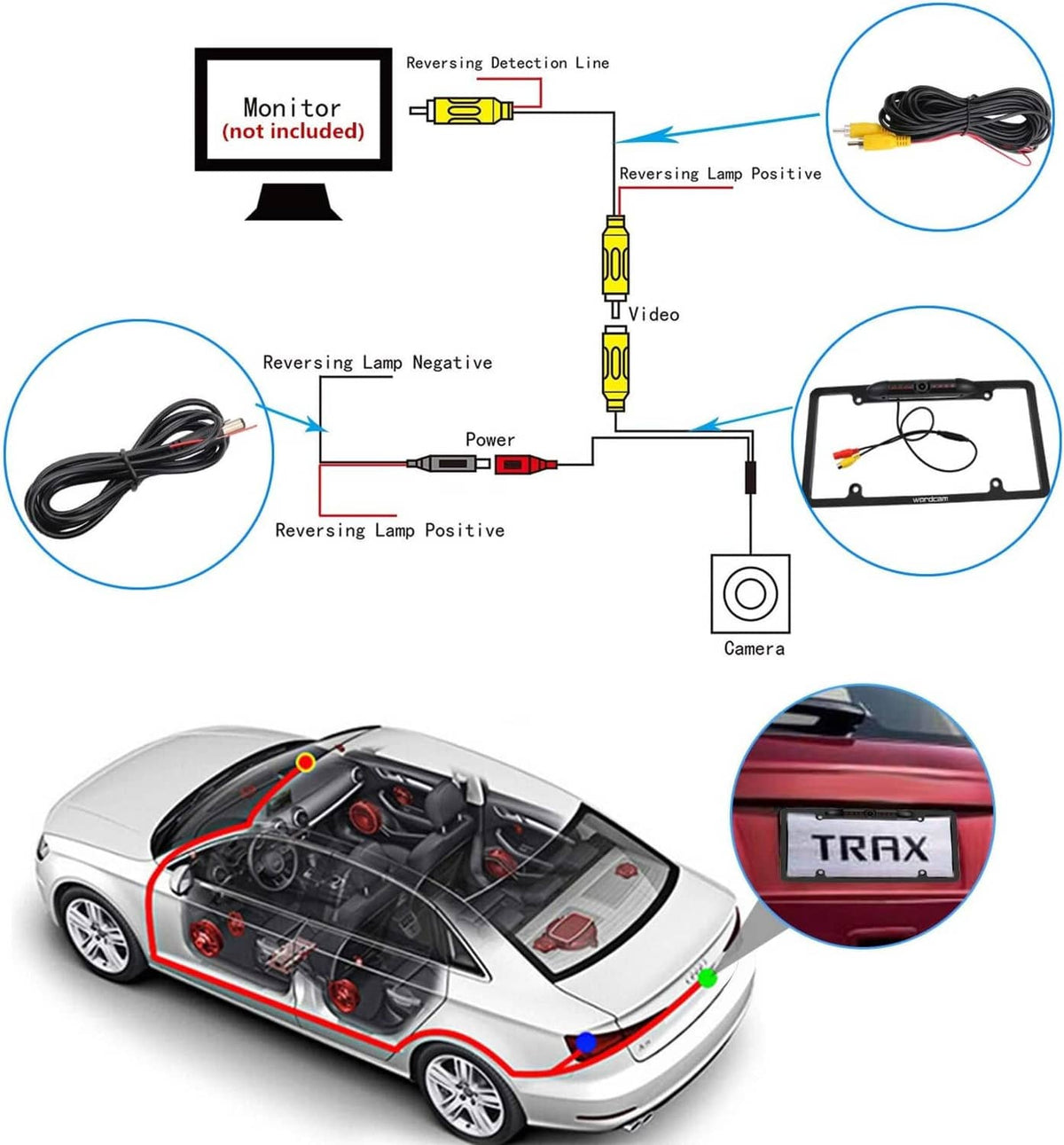 Rear view camera wiring diagram with power, video, and reversing light connections