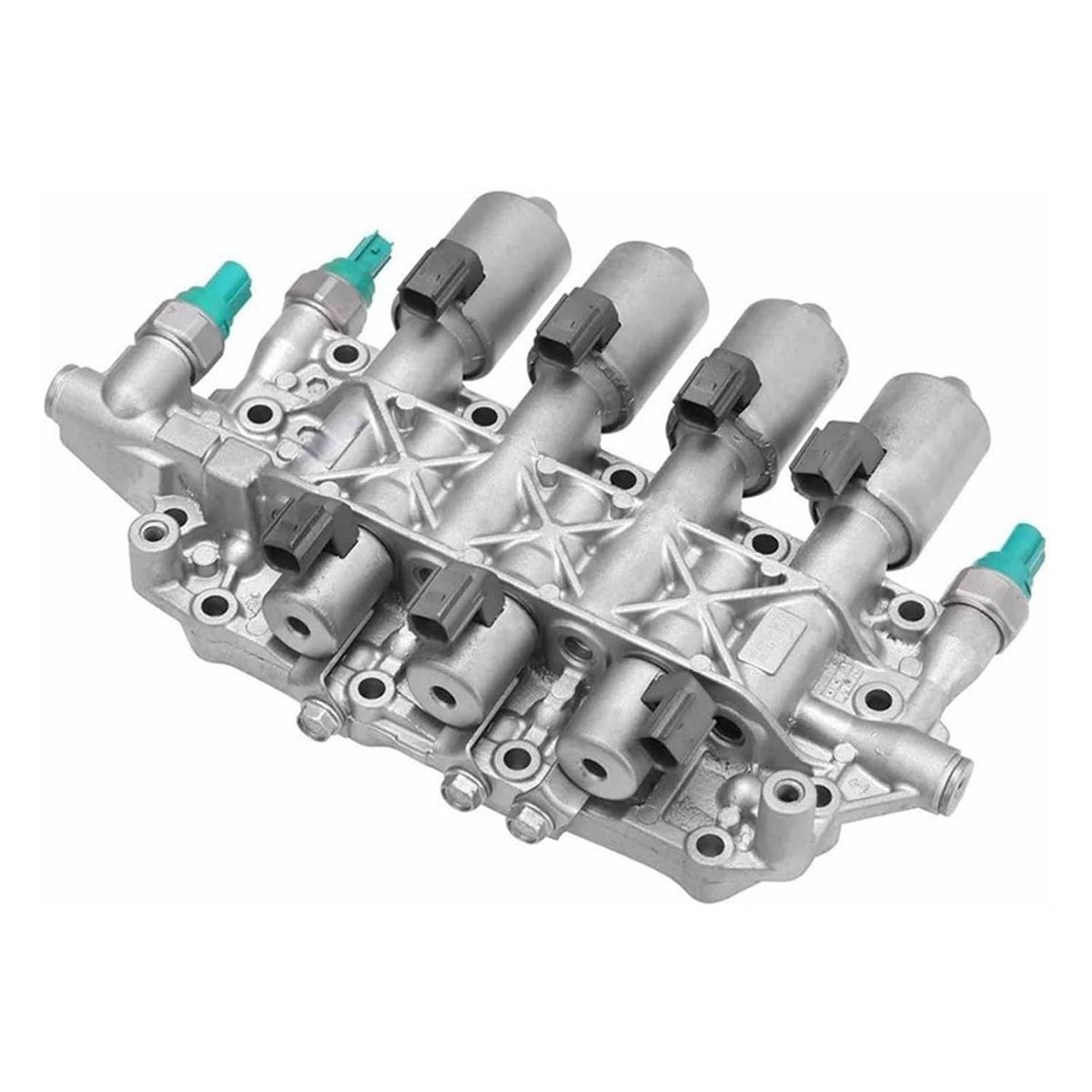 Valve body assembly with silver metal casing and teal electrical connectors, multiple ports