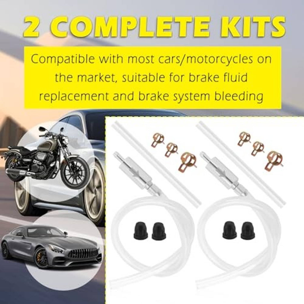 Brake bleeder kit set with two clear hoses, one-way check valves, copper clamps, caps