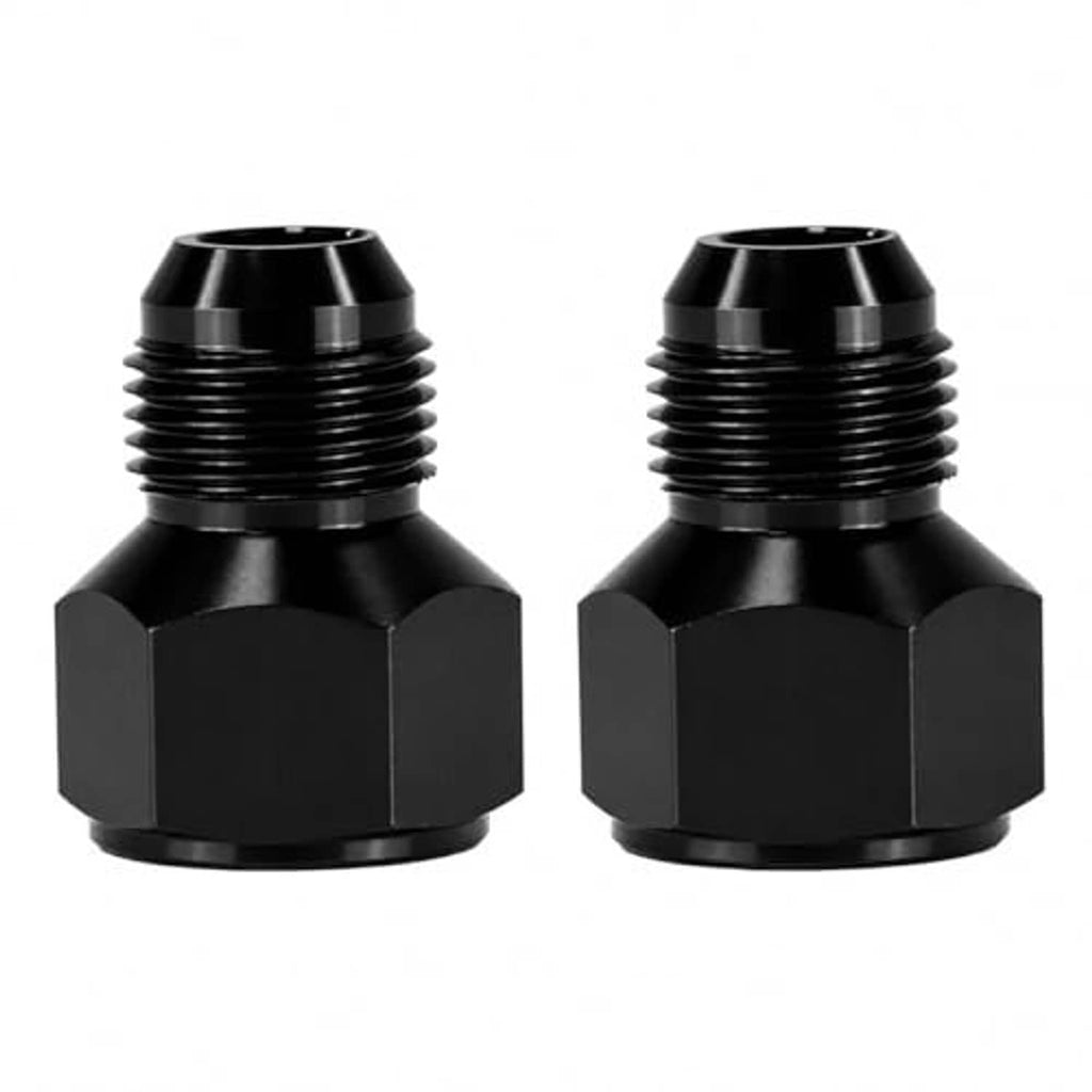 Pair of black AN flare reducer adapters, 10AN to 8AN, hex-ended fittings