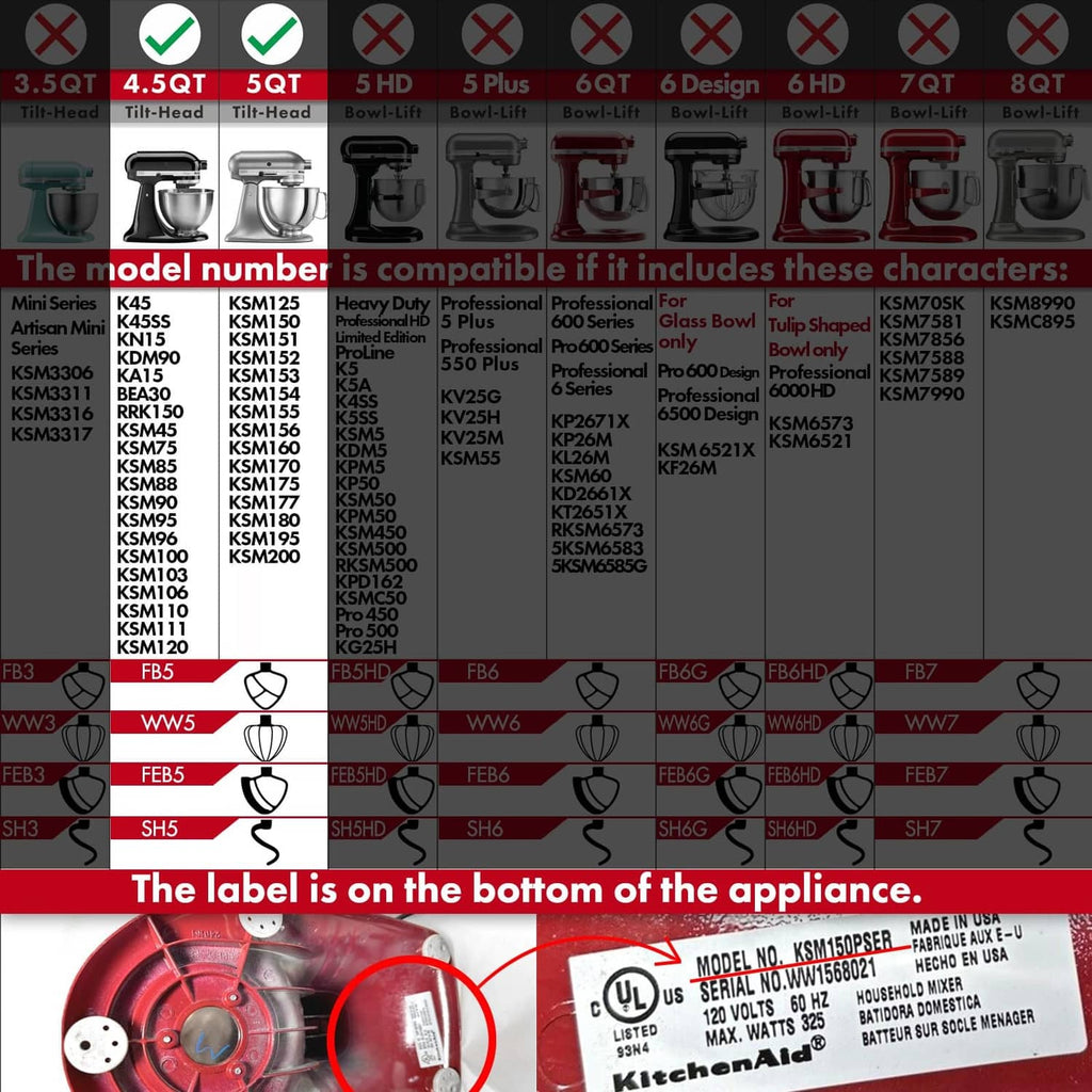 QAP spiral dough hook compatibility guide graphic with model listings