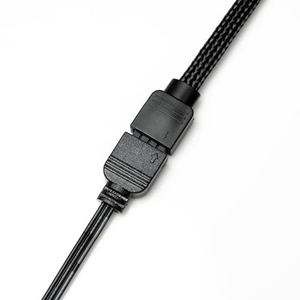 Black 4-pin ARGB adapter connector with latch detail on braided cable sleeve