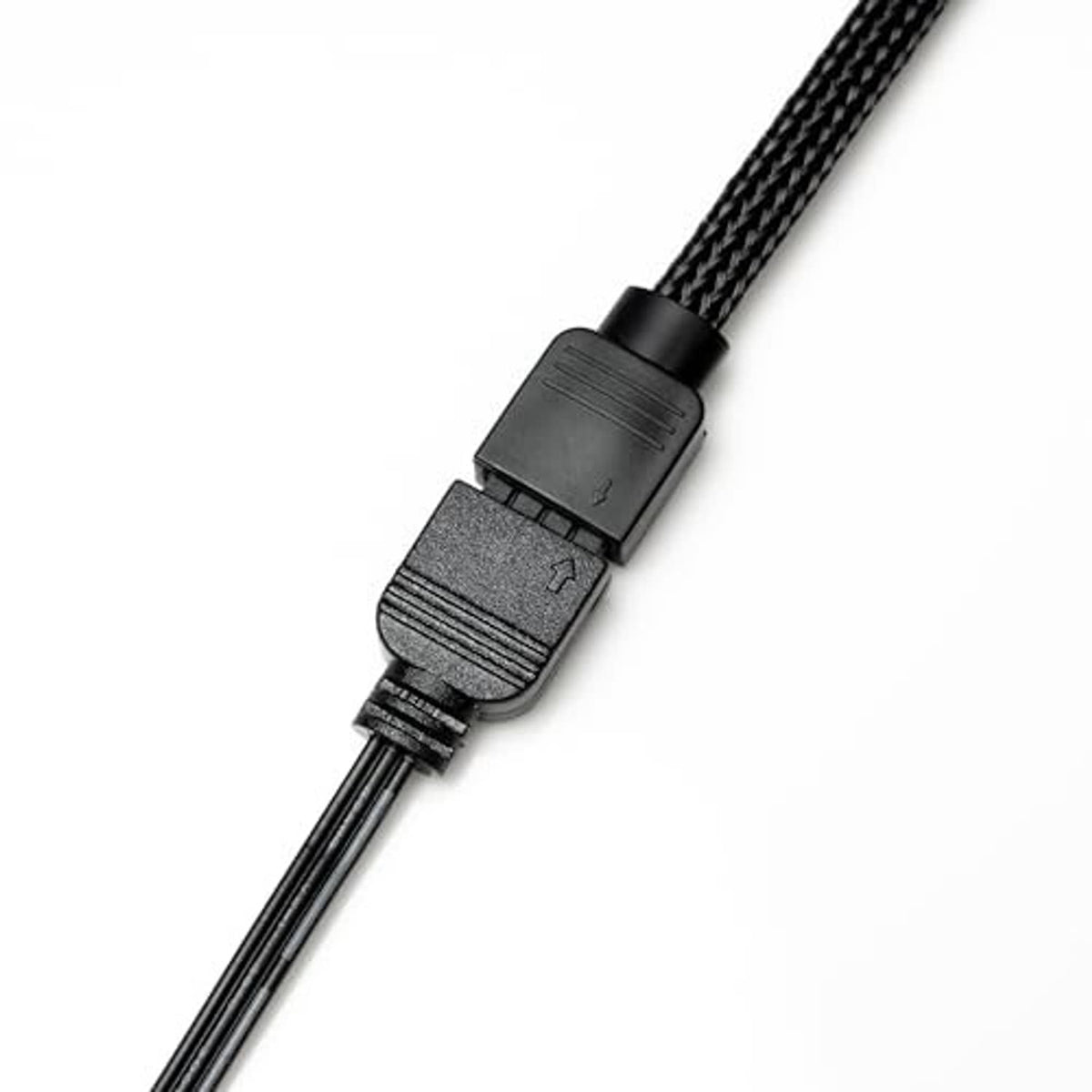Black 4-pin ARGB adapter connector with latch detail on braided cable sleeve