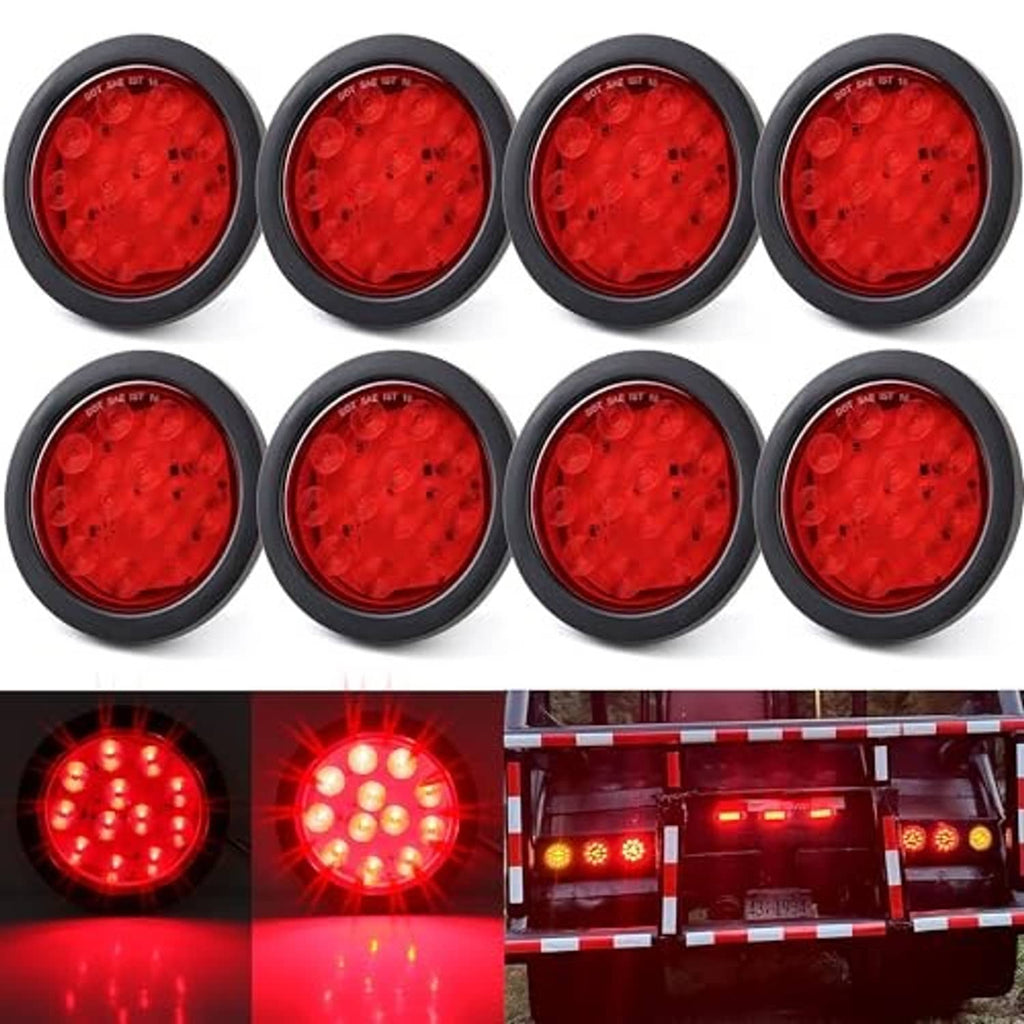 Set of 8 round red LED trailer tail lights, lit red dots, black mounting ring