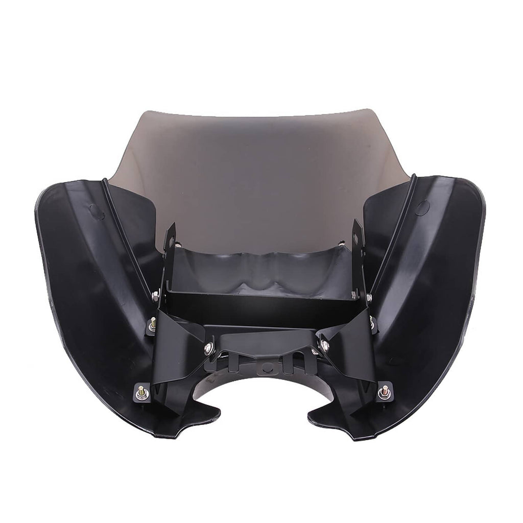 Rear view of motorcycle front fairing and smoke windshield with mounting hardware