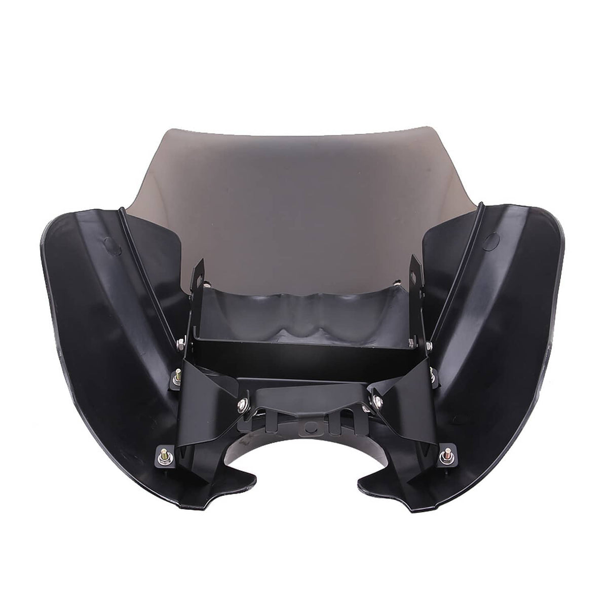 Rear view of motorcycle front fairing and smoke windshield with mounting hardware