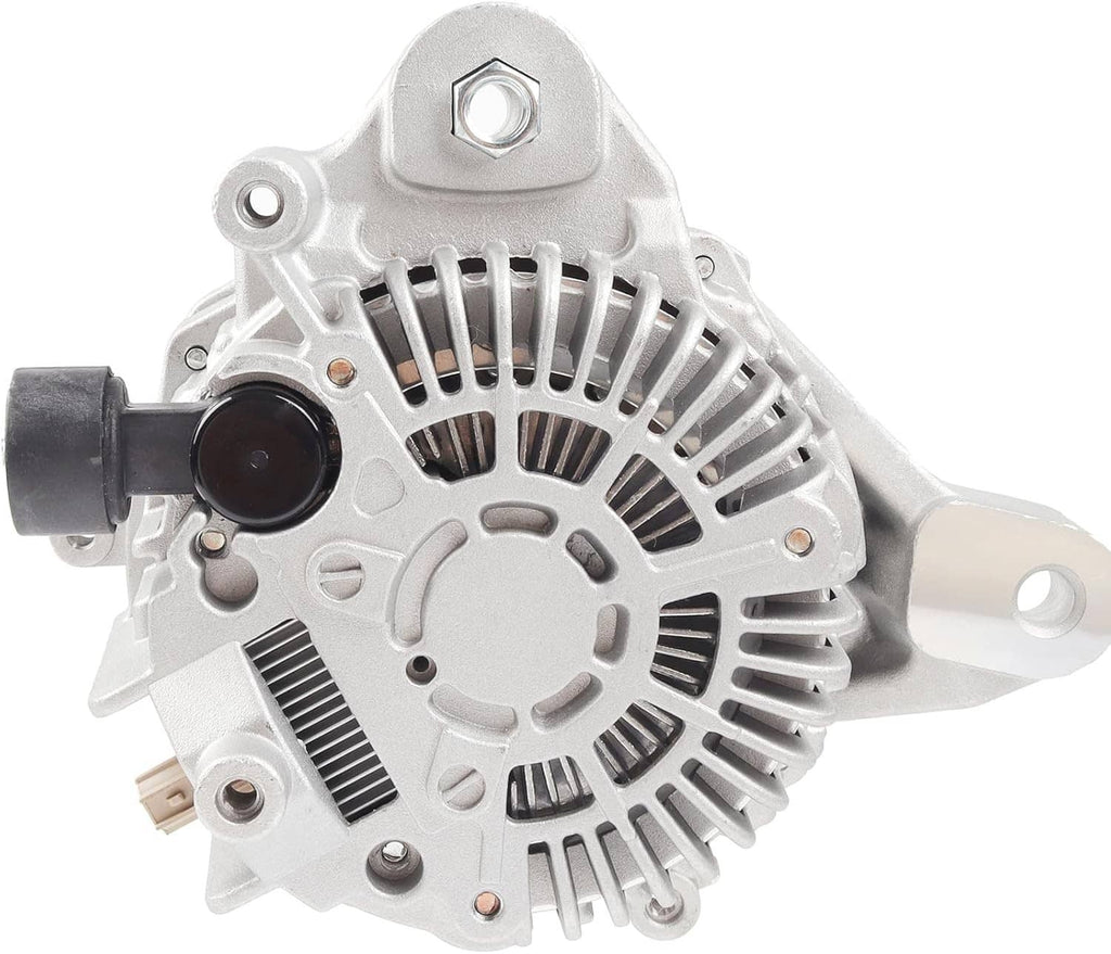 Alternator angled view with silver cooling fins and black front cap, mounting brackets