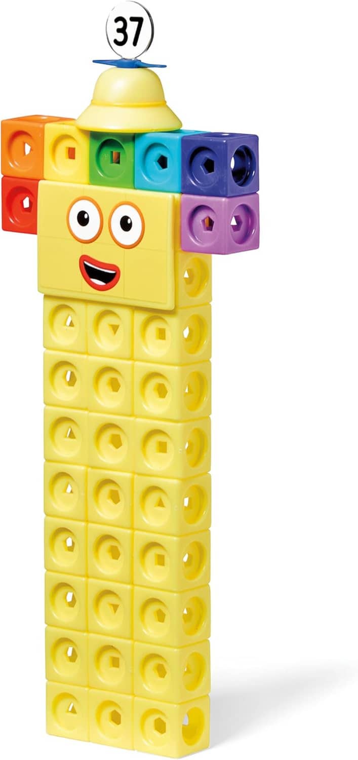 Tall yellow Numberblocks cube tower with colorful sides and number 37 label