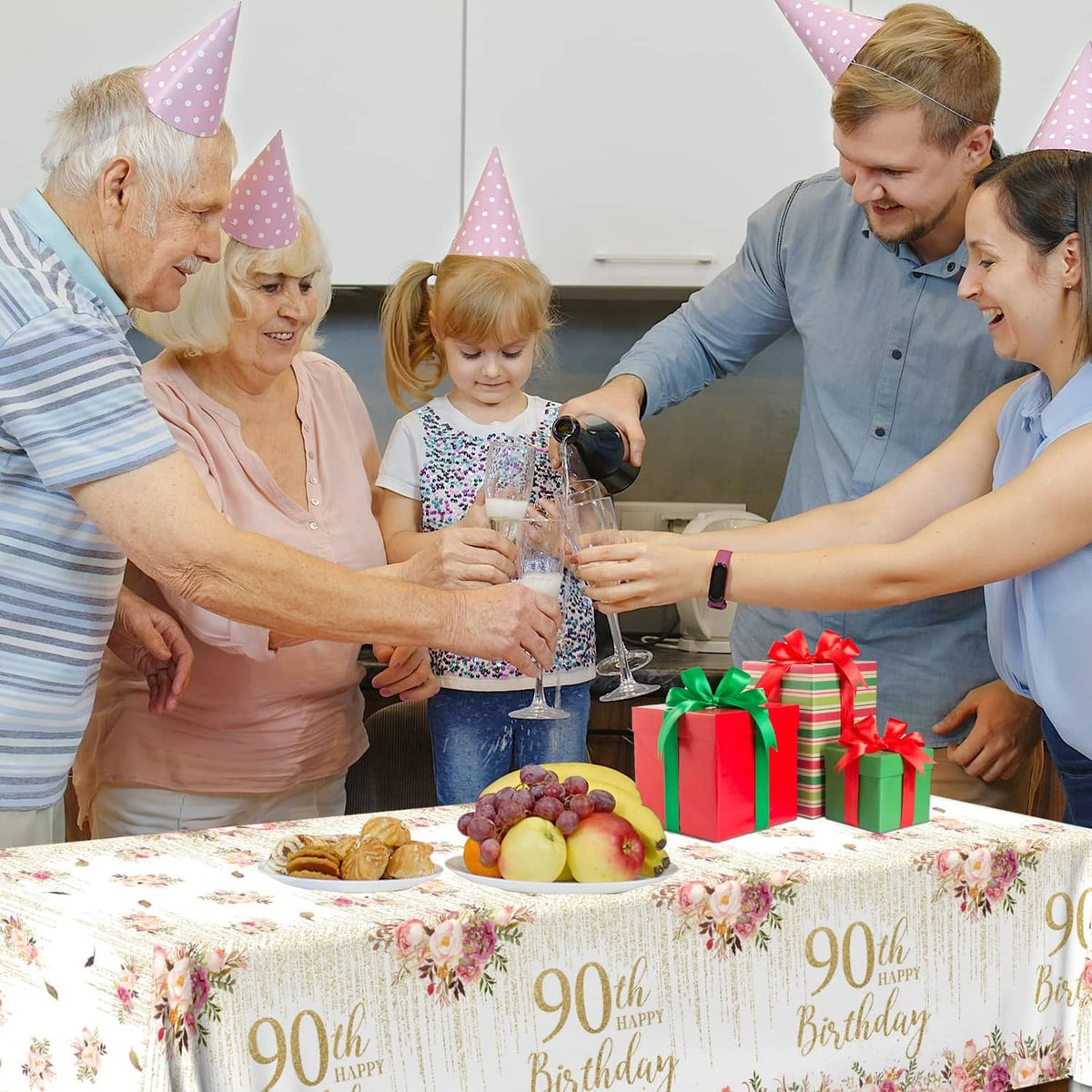 90th birthday tablecloth with floral bouquets and rose-gold 90th Happy Birthday print