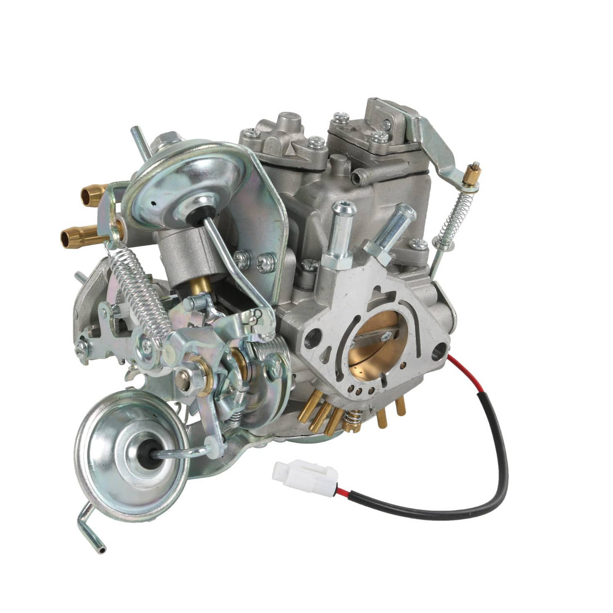 Carburetor assembly viewed from the side, silver housing with brass fuel fittings