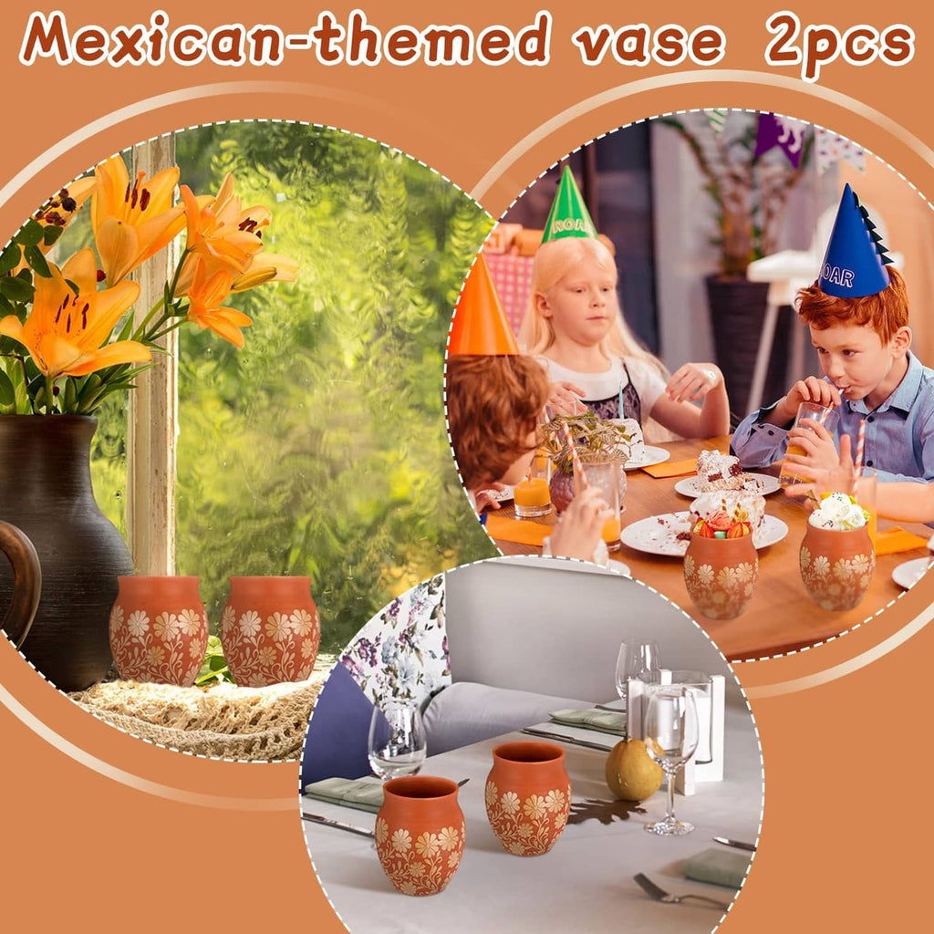 Set of 2 brown Mexican-themed clay cups with white flower pattern for drinks