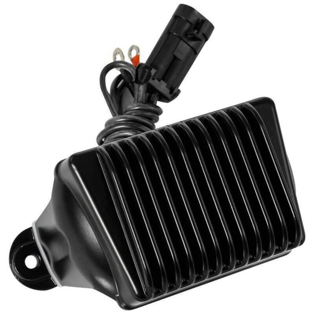 Black voltage regulator module with ribbed fins and electrical connector