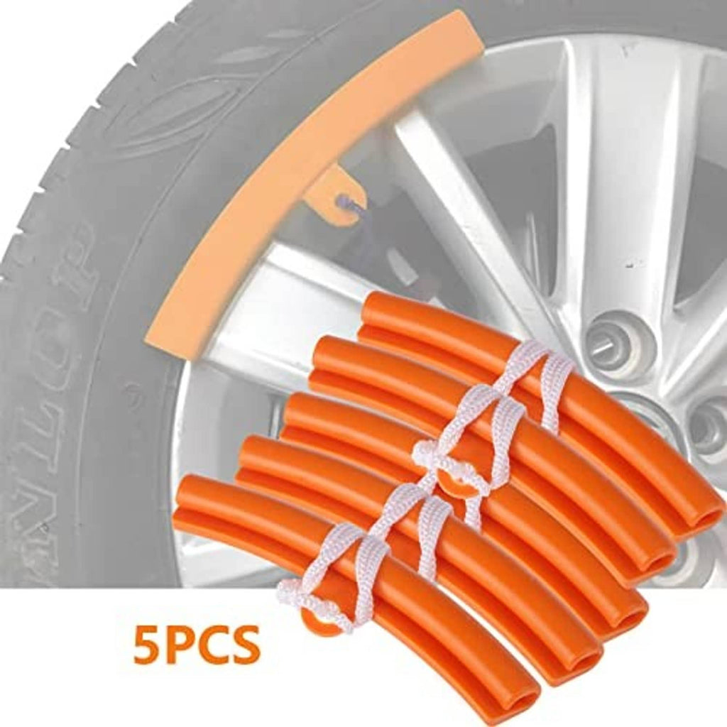 Five orange rubber rim protectors with white braided ties, curved edge guard set