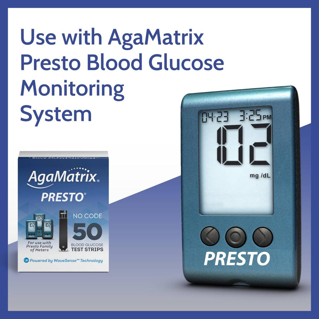 Agamatrix Presto test strip packaging with blood glucose meter image and system text