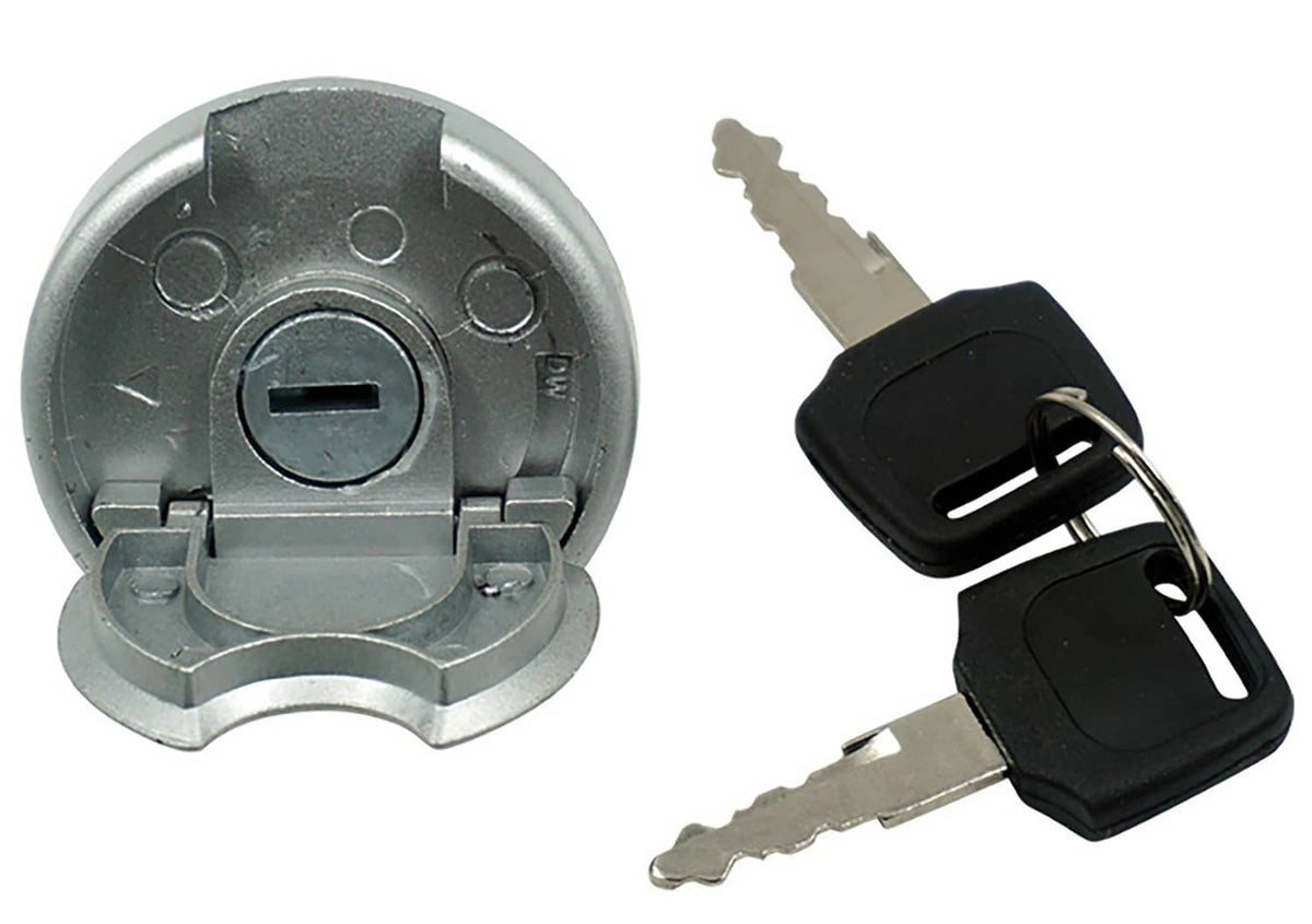 Metal gas tank lock cap with two keys, black key head and lock cylinder
