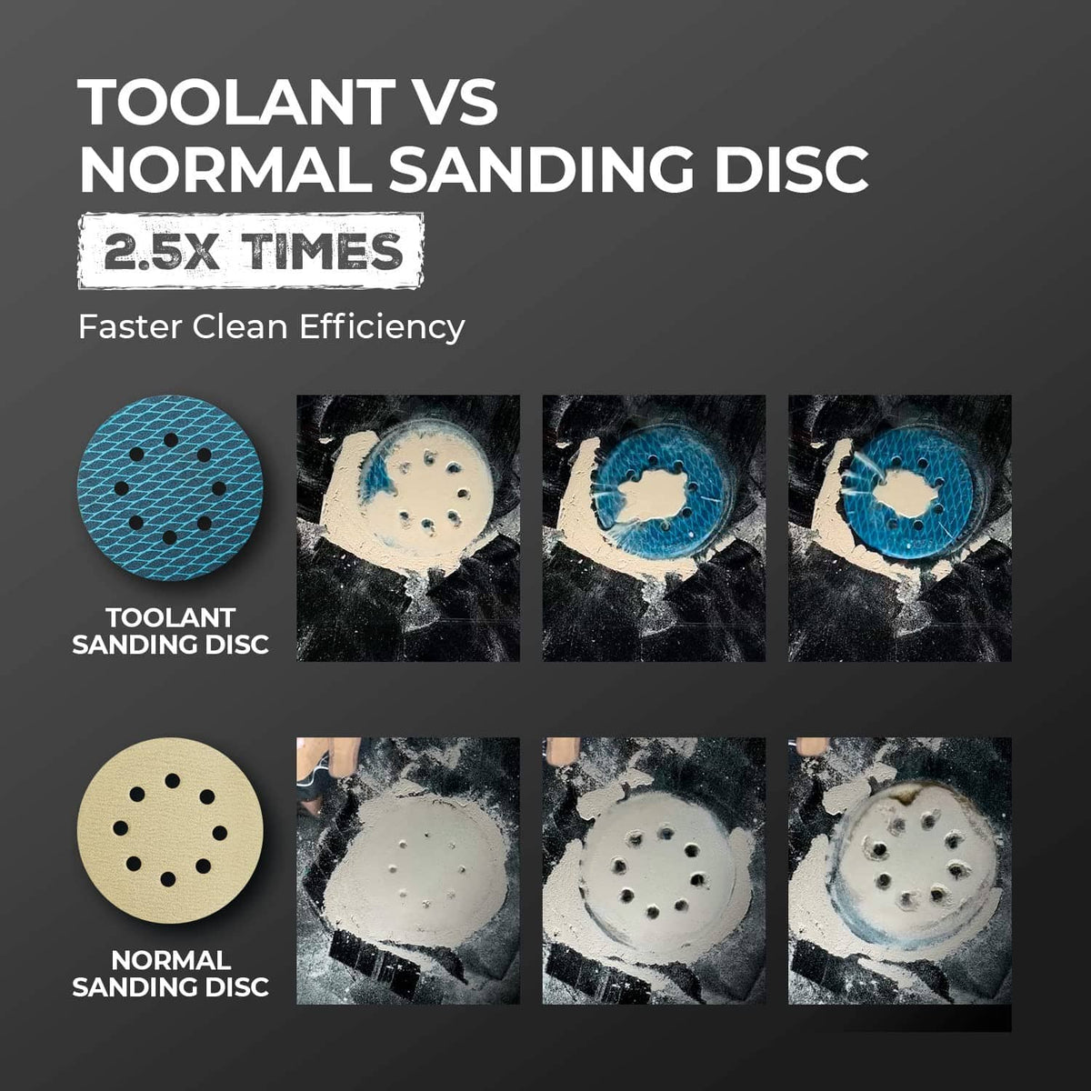 Diamond sanding disc comparison: blue 8-hole textured disc vs plain 8-hole disc.