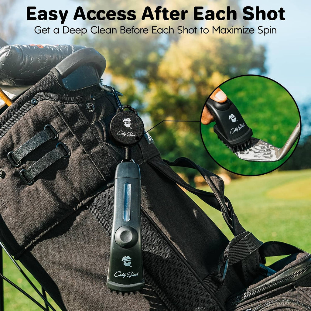 Black golf club brush cleaner attached to a golf bag with bristle head shown