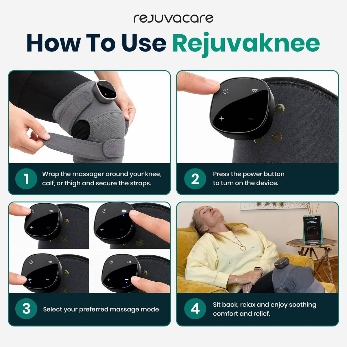 Grey knee massager sleeve showing control unit and usage steps