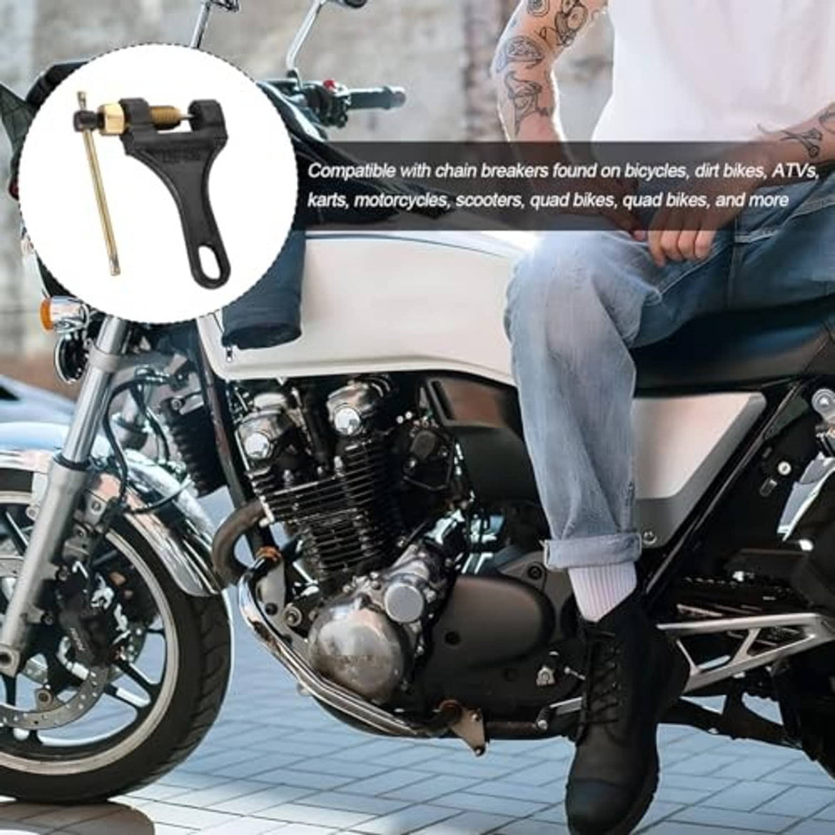 Motorcycle chain breaker tool mounted in hand position with long lever rod and loop handle