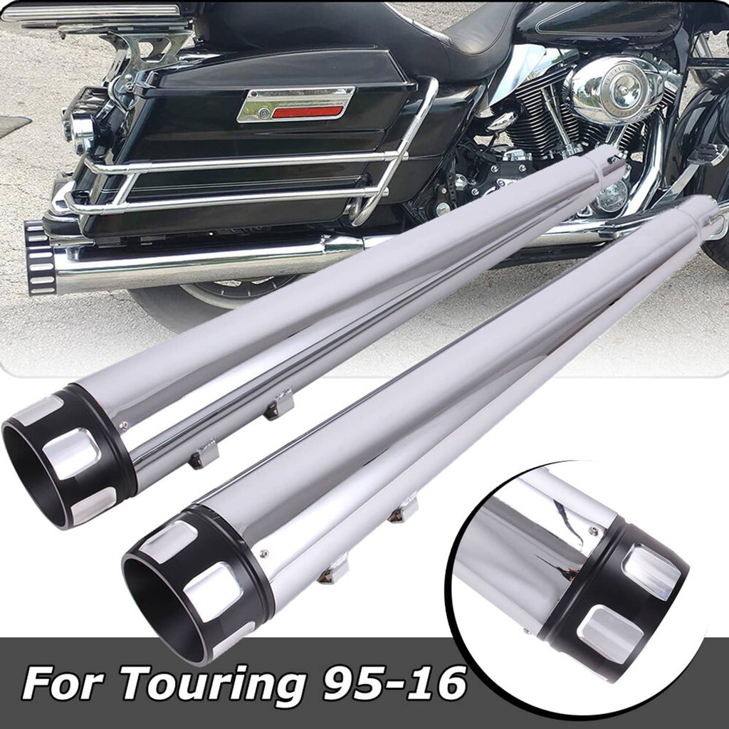 Chrome slip-on exhaust pipes with black end caps on a touring motorcycle engine side
