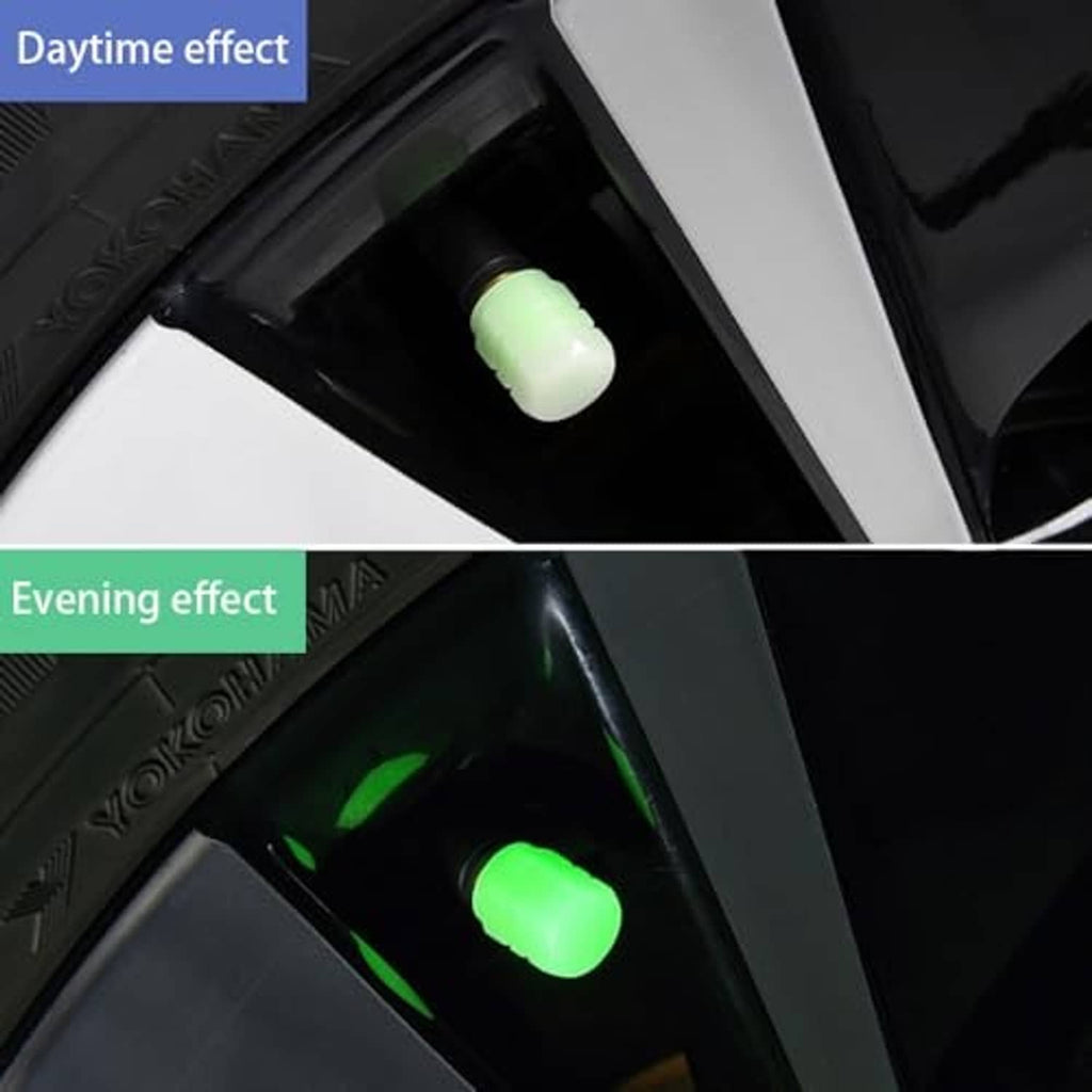 Light green glowing tire valve cap on wheel, visible in day and night