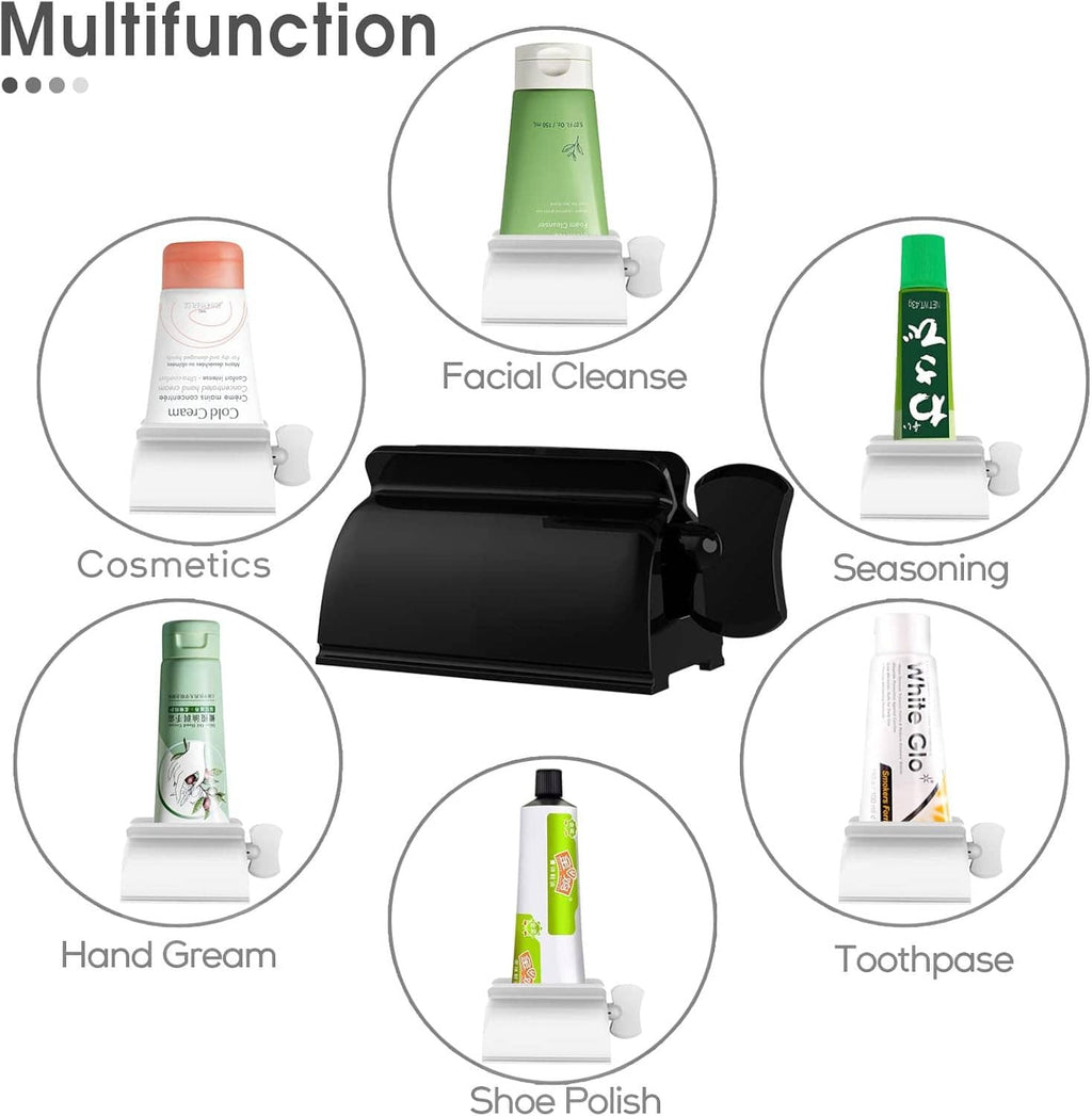 Toothpaste tube squeezer multitool for tubes, shown in circles for different uses