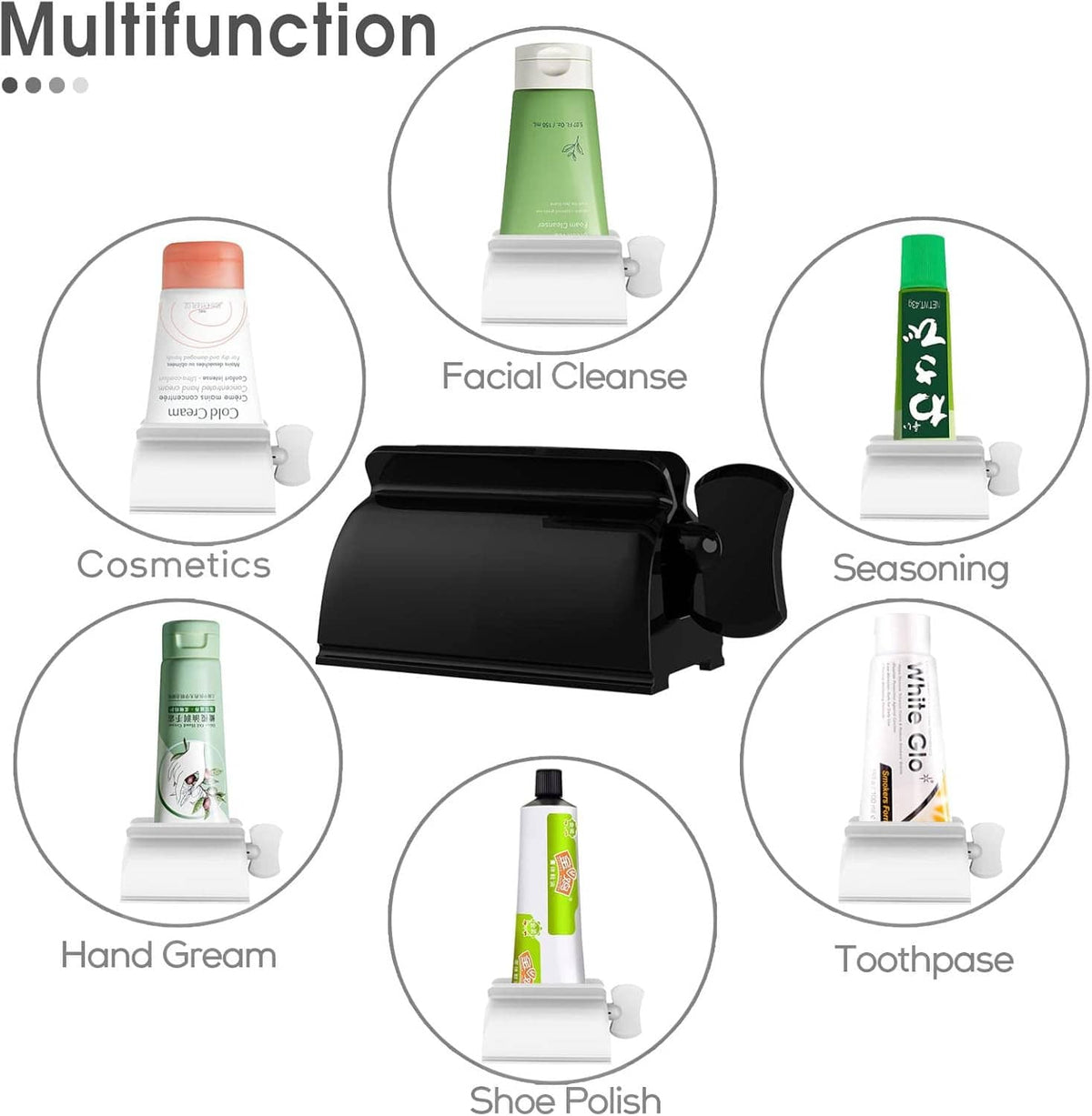 Toothpaste tube squeezer multitool for tubes, shown in circles for different uses