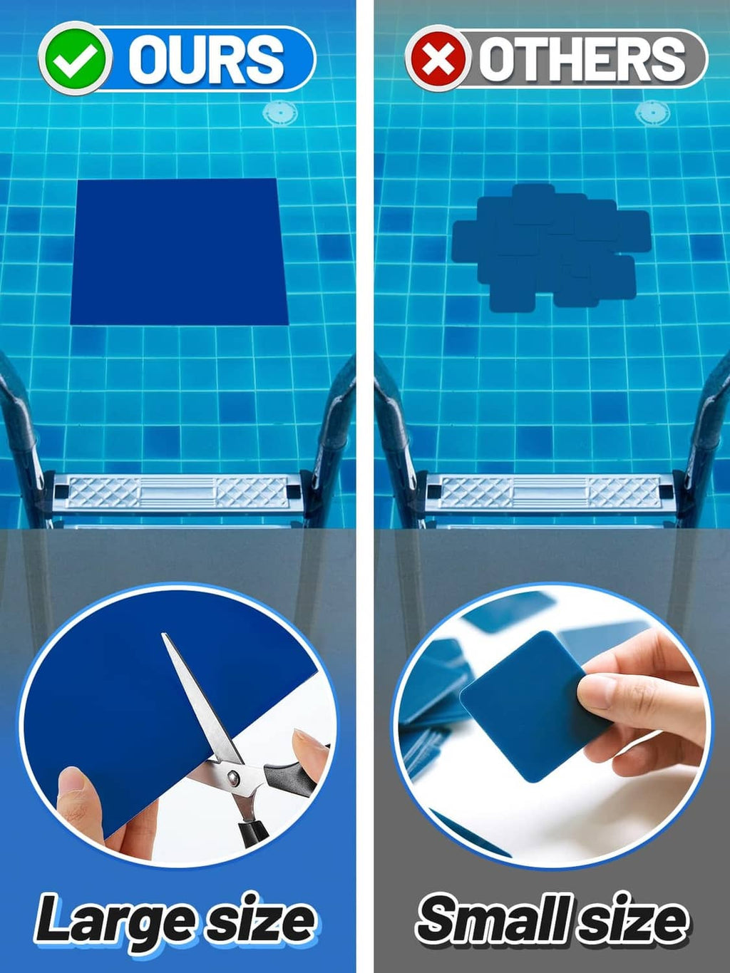 Dark blue pool liner repair patch, trimmed square shape with scissors