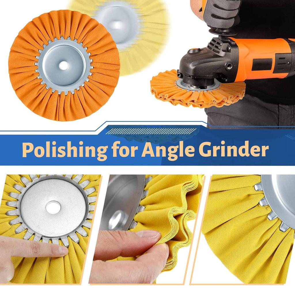 Orange buffing wheel attached to an angle grinder for surface polishing
